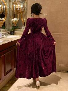 DAZY Women's Sweetheart Collar Raglan Sleeve Waist Cinched Elegant Long Dress - Burgundy - View 6