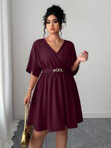 Elenzga Váy dạ hội ngắn màu đỏ cổ chữ V thanh lịch, eo cao, phong cách giản dị và tối giản cho mùa hè - Màu đỏ tím - Xem 5