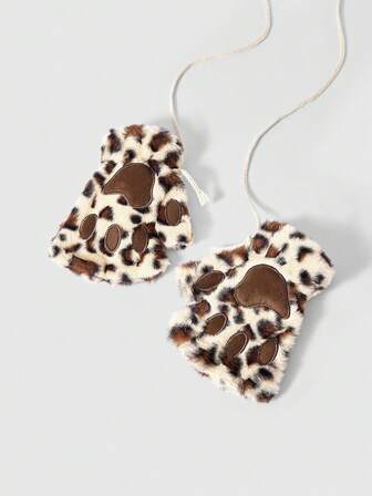 Goth 1 Pair Yellow-Brown Y2K Retro Furry Leopard Print Fingerless Gloves, Versatile Accessory For Autumn/Winter, Halloween, Suitable For Daily Wear, Parties, Gatherings