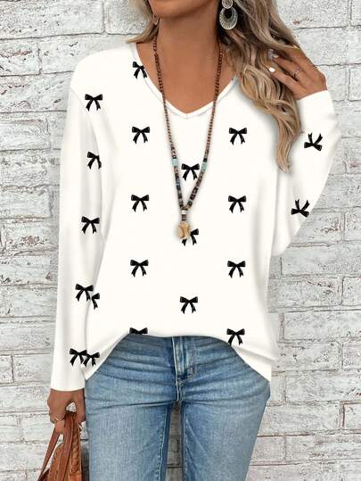 EMERY ROSE Bow Print Plus Size V-Neck Long Sleeve T-Shirt For Women, Suitable For Music Festivals And Back To School,  Women Long Sleeve Tops Flower Top Flower Blouses For Women,Spring/Summer/Vacation