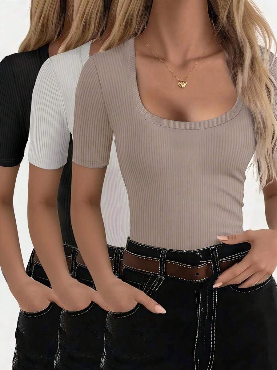 EMERY ROSE Maglietta casual a costine a maniche corte con scollo a barca e vestibilità aderente, di colore unito per donna - Multicolore - Visualizzare 1