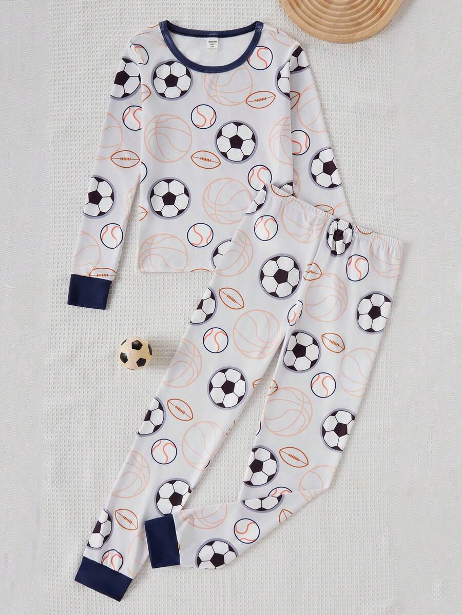 Boys' Fashionable & Cute Sports Football & Rugby Graphic Print Long Sleeve Top And Leggings Pajama Set Snug Fit Boys Lounge Set Boys Pajama Set Soccer Boys Clothes Kids Pj Set - Multicolor - View 1