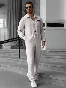 Manfinity CasualCool جمبسوت رجالية كاجوال مع جيوب، خصر بسحاب، من قماش الكوردروي، طقم رجالي من قطعتين بطراز خريفي - لون مشمشي - مشاهدة 6