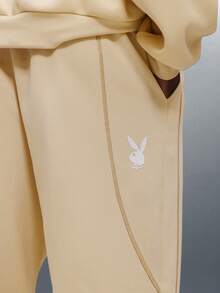 PLAYBOY X SUMWON Oversized Hooded Co-Ord Set With Centre Pocket Drawstring Hoodie And Matching Sweatpants For Casual Streetwear Comfort - Khaki - View 7