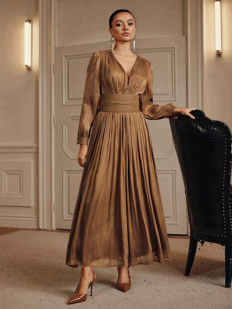 Elegant Women's Waist Cinched Long Sleeve Shiny Brown Dress, Suitable For Winter, Christmas, New Year Party