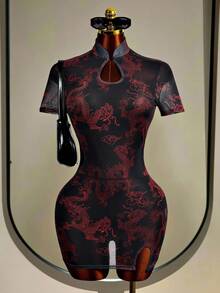 Mistrie Dragon Print Mesh Bodycon Mini Dress For Women,Red And Black,Summer,Seductive,Club Night Elegant Party Dresses,New Year's Eve Outfit,Black Skirt - Red - View 1
