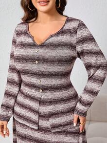 Modelyn Plus Size Women 2-Piece Set: Striped Knit Sweater With Decorative Buttons & Minimalist Skirt, Elegant & Fashionable, Suitable For Spring/Autumn - Brown - View 5