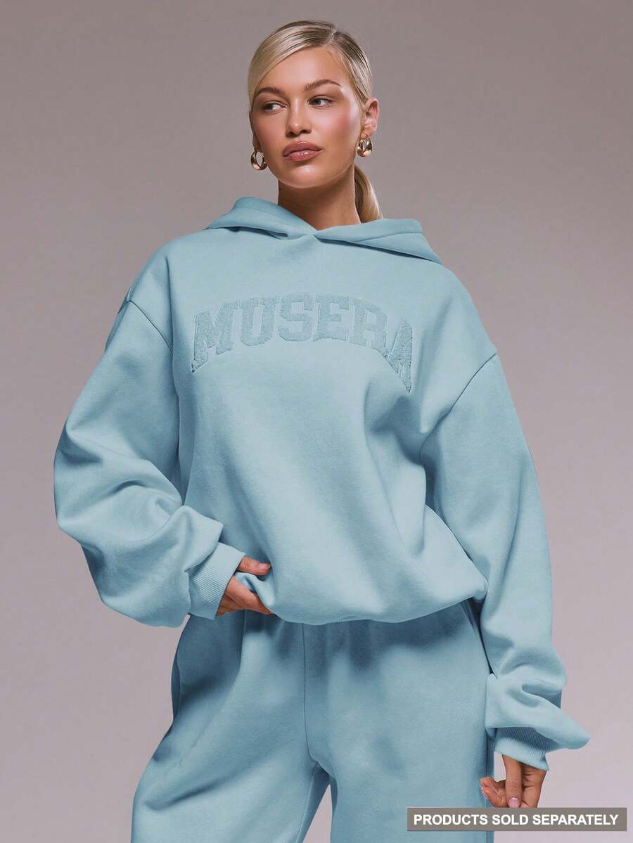 MUSERA Oversized Applique Hoodie Tracksuit Top Only Cute Casual Cosy Cherry Lacquer Holiday Summer Social Holiday Vacation - Baby Blue - View 1