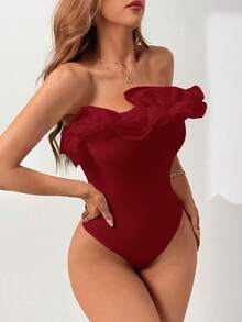 Firerie Women's Fashionable Organza Floral Trim Bandeau Bodysuit - Burgundy - View 3
