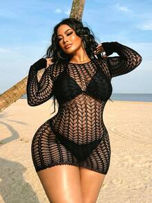 Swim SXY Vestido de manga larga con diseño calado y sexy para mujer - Negro - Ver 1