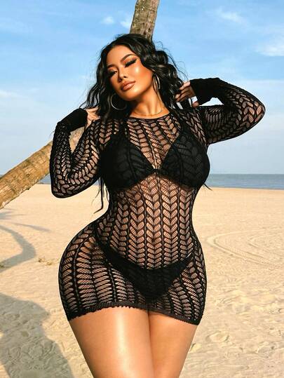 Swim SXY Vestido de manga larga con diseño calado y sexy para mujer