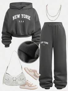 SHEIN Set de 2 piezas de sudadera y pantalón de chándal con estampado de letras de manga larga y cuello redondo para adolescentes - Gris - Ver 16