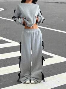 SHEIN EZwear 女士休闲宽松蝴蝶结装饰两件套 - 灰色 - 查看 4