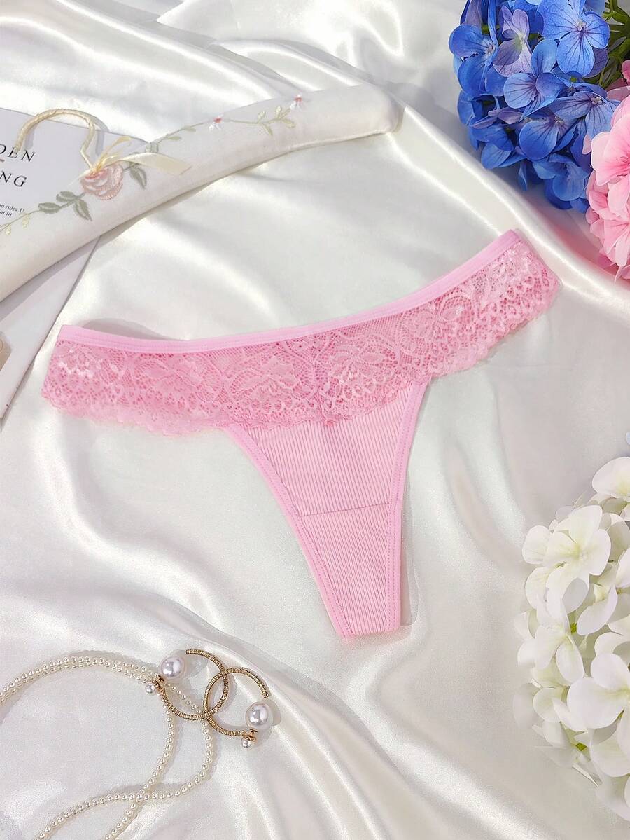 Women's Sexy Lace Patchwork Thong Panties - Pink - View 1