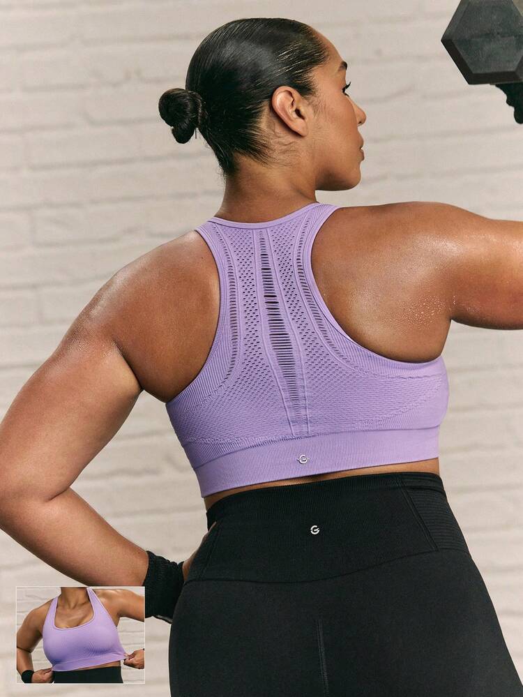 プラスサイズ 肌に馴染むシームレス クールウィン 吸汗速乾 取り外し可能パッド付き カットアウトバック設計 スポーツブラ ミディアムインパクト トレーニング ランニング ワークアウト 秋冬 アウトドア デイリーアクティブウェア