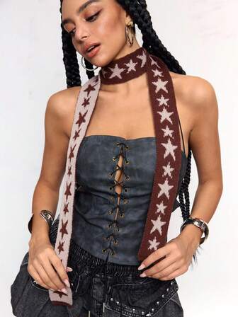 Fairycore 1 Stück braune Y2K Baddie Punk Stern Kawaii süße Retro gestreifte Patchwork Kontrastfarben Mode einfaches Damen Tuch, geeignet für Straße, Campus, Pendeln usw.