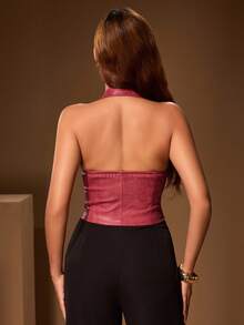 Glamine Fashionable Sexy Backless Halter Neck Fitted Leather Jacket