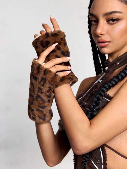 Goth 1 Paar Y2K modische, einzigartige, süße, coole, hochwertige, warme Fleece-Kunstfell-Handschuhe mit Leoparden- und Tigermuster und langem Bund, Fingerlose Fäustlinge Set, geeignet für Damen Alltagsoutfit, Geschenk zu Feiertagen