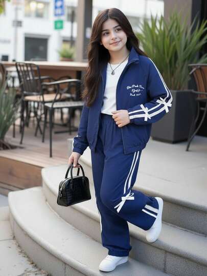 SHEIN 两件套少女休闲百搭条纹长袖外套和条纹领结口袋休闲裤套装