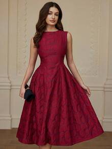 Aveloria Rosie Women's Round Neck Sweet Dress Style Cinched Waist Cutout Flared Hem Sleeveless Dress - Red - View 1