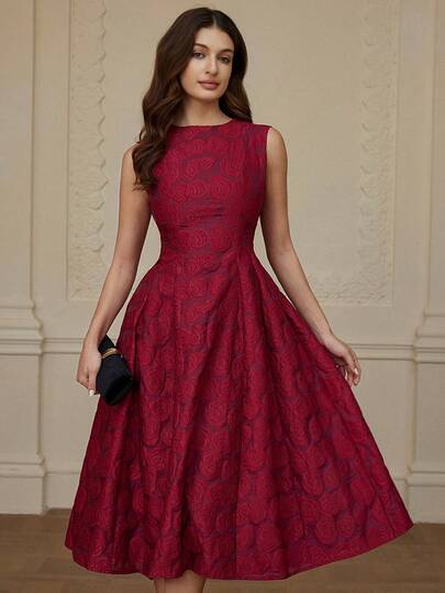 Aveloria Rosie Vestido de mujer de cuello redondo, estilo dulce, con cintura ceñida, abertura y dobladillo acampanado sin mangas