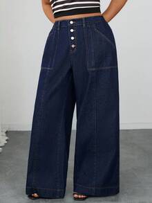 Elenzga Quần jeans ống loe màu xanh đậm không co giãn, thanh lịch và thoải mái dành cho nữ cỡ lớn, mùa thu/đông - Rửa tối - Xem 6