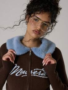 MUSERA Embroidered Fur Collar Cinched Knit Cardigan Casual Cute Autumn Winter Cosy Lounge Knitwear Coco Cloud - Brown - View 2