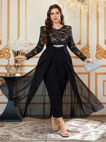 Ellevyn 大码女式撞色蕾丝V领长袖优雅连体裤 - 黑色 - 查看 4