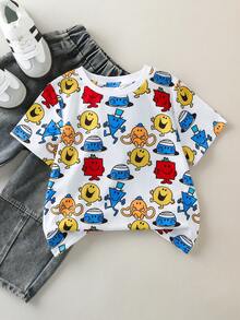 Mr Men Little Miss X SHEIN Young Girl Casual Cartoon Pattern Round Neck Short Sleeve T-Shirt, Summer - Multicolor - View 1
