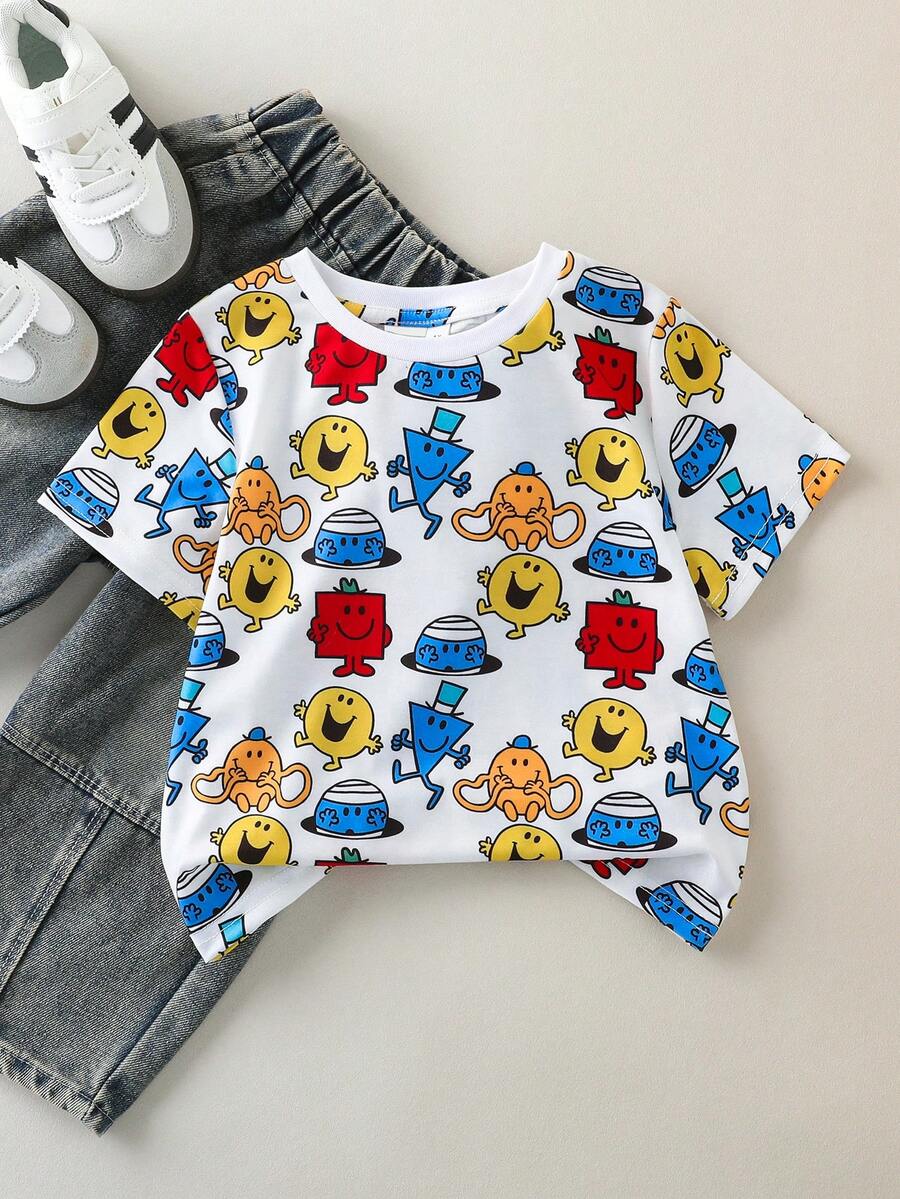 Mr Men Little Miss X SHEIN Young Girl Casual Cartoon Pattern Round Neck Short Sleeve T-Shirt, Summer - Multicolor - View 1