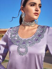 Al Najma 女士水钻装饰圆领喇叭袖优雅阿拉伯风格连衣裙 - 淡紫色 - 查看 3