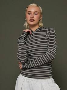 COUREZ Langärmliges, tailliertes Kapuzenshirt mit Streifenmuster / Herbst/Winter-Kleidung für Damen, Ausgeh-Tops, Party-Tops, Sommer-Tops, Streetwear-Langarm-Tops