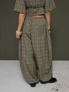 COUREZ Low Rise Baggy Balloon Trousers With Elasticated Waistband And Adjustable Hem Ties In Check /Y2K Winter Clothes For Women Going Out Outfits Summer Outfits For Women Streetwear Baggy Pants Pants For Women - Green - View 3