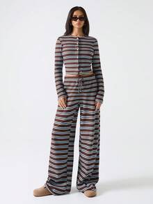 LYSMO 女士条纹长袖单排扣上衣和裤子休闲两件套 - 彩色 - 查看 6