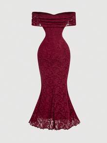 SHEIN MOD 优雅露肩酒红色纹理长款美人鱼连衣裙，适合派对穿着 - 酒紅色 - 查看 3
