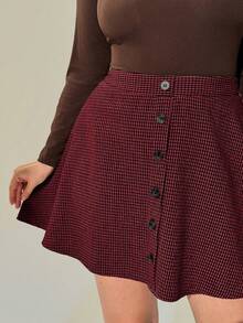 Auralis 秋冬新款复古美拉德印花羊毛A字格纹迷你裙，加大码女士经典千鸟格褶裥裙，优雅美式前扣伞裙 - 紅色 - 查看 4