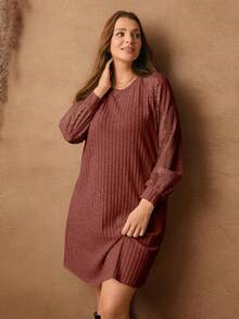 Rosumi 大码女式圆领长袖罗纹休闲宽松连衣裙 - 棕色 - 查看 7