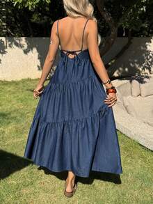 EMERY ROSE Women's Vacation Ruffled Hem Sexy Fashion Halter Neck Denim Dress,Valentine's Day,Summer,Carnival,Beach,Party,Elegant Party Dress,Going Out - Blue - View 2