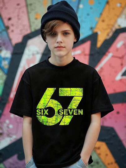 SHEIN Tween Boys Green Number 67 Graphic Tee, Casual Comfortable Loose Fit Crew Neck T-Shirt, Teenager Black Tops Suitable For Daily Wear, School, Outing, Sports, Holiday