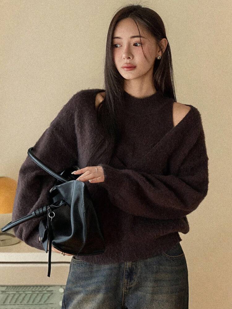Brown Loose Casual Chic All-Match Pullover Sweater, Fashionable 2 In 1 Design For Women, Autumn/Winter