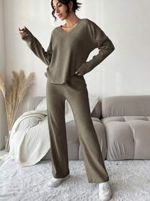 EURMUSE Solid Drop Shoulder Tee & Pants - Khaki - View 5