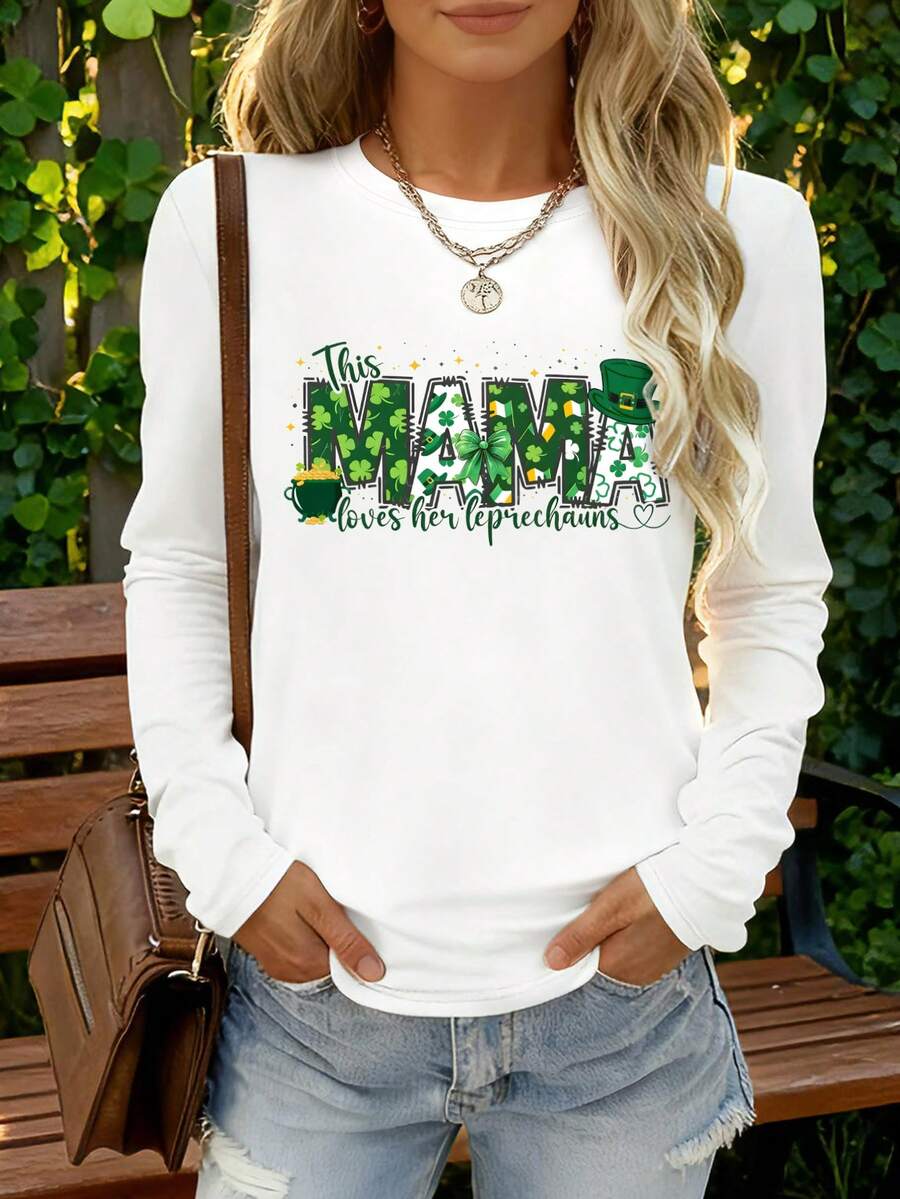 SHEIN Women's Slogan Print Crew Neck Long Sleeve Casual Versatile T-Shirt - White - View 1