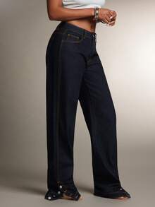 Denimoi Jeans de pierna recta con abertura en el tobillo y detalle de botón - Azul lavado oscuro - Ver 3