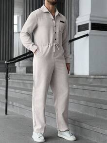 Manfinity CasualCool جمبسوت رجالية كاجوال مع جيوب، خصر بسحاب، من قماش الكوردروي، طقم رجالي من قطعتين بطراز خريفي - لون مشمشي - مشاهدة 7