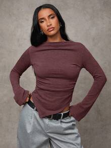 SHEIN BAE Women's Solid Color Long Sleeve Ruched Asymmetric Hem Fashionable Top - Burgundy - View 6