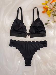 2pcs Plus Size Wireless Ripple Edge Front Closure Lingerie Set - Black - View 3