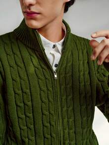 RONVEXI 男士休闲纯色立领开衫，秋冬季 - 軍綠色 - 查看 2