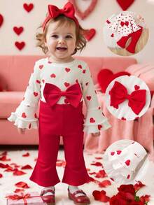 SHEIN Bộ 2 bộ đồ liền thân tay dài, cổ tròn, hở vai, in họa tiết trái tim, vải gân mùa hè cho bé gái và quần ống loe có gân dễ thương, thích hợp cho sinh nhật lần thứ 1, ngày lễ tình nhân - Đỏ - Xem 5