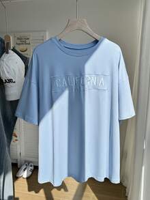 Comfortcana Plus Size Women Letter Embroidery Round Neck Drop Shoulder Short Sleeve Casual Loose T-Shirt - Blue - View 3