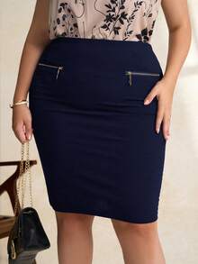 Chikora Plus High Waist Zip Detail Skirt,Office Outfits For Women - Navy Blue - View 3